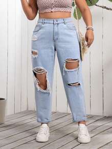 Breezaya Women's Plus Size Fashionable Casual Distressed Casual Denim Pants For Daily Wear - Light Wash - View 1
