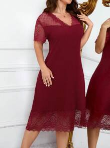 Slumberist Plus Size Summer Solid Color Lace Patchwork Short Sleeve Pajama Night Dress - Burgundy - View 3