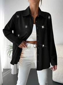 EURMUSE Women's Long Sleeve Shirt With Single Row Button And Rhinestone Decoration - Black - View 3