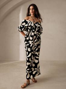 Anewsta 女士春季套装，优雅假日沙滩露肩花卉泡泡袖连衣裙，适合情人节 - 黑色 - 查看 7