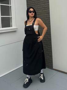 Flirla Plus Size Summer Casual Solid Color Pinafore Dress - Black - View 6