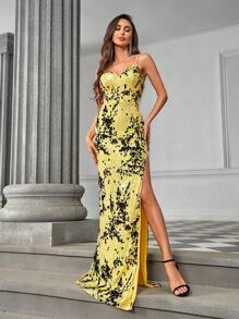 SHEIN Belle Elegant und luxuriöses gelbes Flock Pailletten-Camisole-Top mit hoher Taille, seitlichem Schlitz, rückenfreiem Design und Schwanz, perfekt für Dating, Single-Partys, Abschlusszeiten, Hochzeiten, besondere Anlässe, formelle Abendessen und Galas - Gelb - Übersicht 5