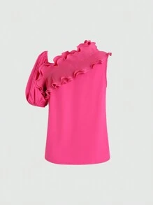 SHEIN Unity 女士夏季純色荷葉邊斜肩時尚上衣 - 玫紅色 - 查看 2