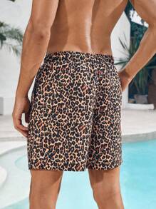 Manfinity Swimmode 1 Stück Herren Urlaubs Leopard Grafik Muster Kordelzug Elastischer Taille Weite Passform Strand Shorts Bade Shorts, für Strand, Urlaubspaar Partnerlook Badebekleidung, Hawaii