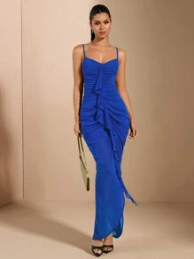 SHEIN BAE Elegant And Sexy Long Women's Dress With Ruched And Ruffled Front Panel Design - Royal Blue - View 5