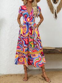 Breezaya Woven Printed Lace Spliced Ruffle Sleeve V-Neck Dress - Multicolor - View 1