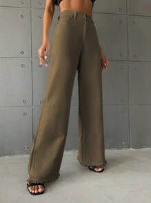 EURMUSE 毛邊闊腿牛仔褲 - 軍綠色 - 查看 3