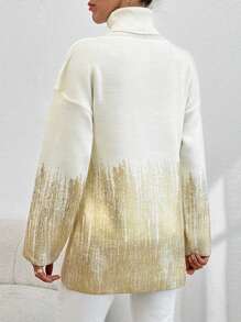EURMUSE Round Neck Long Sleeve Metallic Coat Sweater - White - View 3