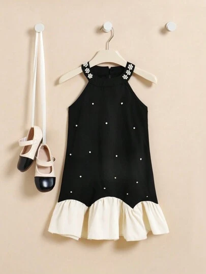 SHEIN Young Girl Wedding Season Floral Girl Dress Ladylike Gentleman Black Beaded Halter Neck Patchwork A-Line Hem Dress , Summer