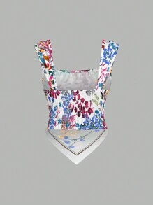 Sweetra 女式不对称下摆花卉印花夏季背心 Y2K 服装图案 T 恤女式上衣