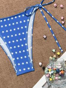 SHEIN Swim Women's USA Flag Print Halter Neck Tie Bra & Bikini Bottom Sexy Bikini Set For Summer Beach, Random Print 4th Of July Bikini Set, For Summer Beach - Multicolor - View 3