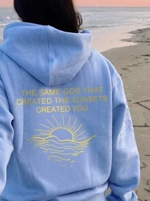 INAWLY Women Drawstring Kangaroo Pocket Print Back Hooded Sweatshirt THE SAME GOD THAT CREATED THE SUNSETS CREATED YOU - Baby Blue - View 4