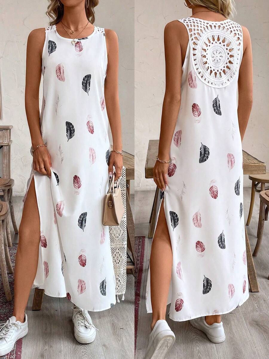 SHEIN LUNE Phong cách nghỉ dưỡng Váy không tay có ren chèn lông vũ có xẻ bên - trắng - Xem 1