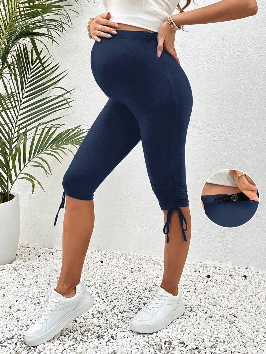 SHEIN Quần đùi Bermuda cho bà bầu có dây rút ở gấu quần. - Xanh đậm - Xem 1