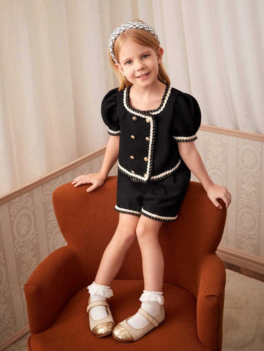 SHEIN 2pcs/Set Young Girl Puff Sleeve Top With Decorative Tape & Double Breasted Buttons, And Decorative Tape Shorts, Suitable For Parties, Summer