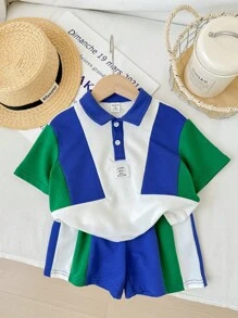 SHEIN Baby Boy's Color Block Collar Short Sleeve Pullover Top And Casual Shorts Set - Multicolor - View 3
