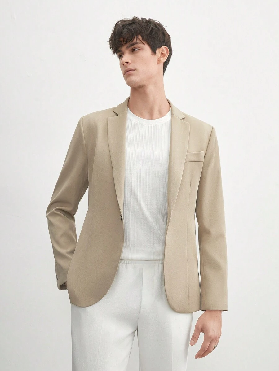 AKNOTIC Business Casual 易護理男士老錢風格商務休閒紡織修身西裝外套，適用於春秋季節、正式場合 - 卡其色 - 查看 1