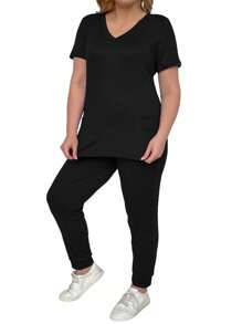 SHEIN LUNE Plus Size Solid Color Short Sleeve Top And Pants Medical Uniform 2pcs/Set - Black - View 5