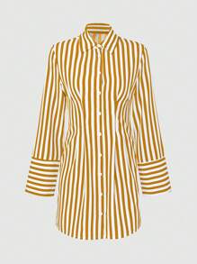 SHEIN Slayr 女士休閒條紋長袖夏季襯衫連衣裙 - 黃色 - 查看 3
