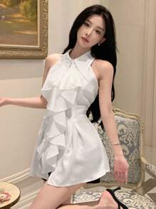 DAZY 女士荷叶边无袖夏季衬衫，新年学院风嘉年华上衣 - 白色 - 查看 6