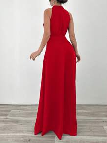 EURMUSE Halterneck Detailed Fish Form Long Dress - Red - View 2