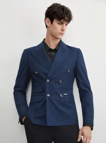 Manfinity RebelGame 易护理男士老式风格商务休闲半帆布编织西装外套，双排扣，适合春夏季和秋冬季 - 藏蓝色 - 查看 4