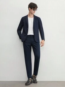 AKNOTIC Business Casual Áo khoác blazer dệt kiểu dáng cổ điển Easy Care cho nam, áo khoác có vai không đệm, dáng rộng, phù hợp với phong cách thường ngày, dành cho mùa hè - Màu xanh hải quân - Xem 4