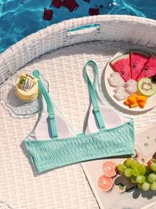 SHEIN Swim Summer Beach Pool Solid Color Textured Deep V Bikini Top - Mint Green - View 2