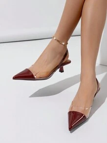 Fall/Winter Women's Color Block Pointed Toe Backless Shoes, Minimalistic Everyday Wear Versatile Outing Shoe, Suitable For Spring And Summer, Wine Red High Heels,Elegant,Kitten Heels,Party - Burgundy - View 6