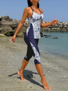 Swim Lushoire 女士植物印花细肩带比基尼泳装，夏季海滩泳装 - 藍色 - 查看 4