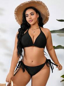 Swim Vcay Conjunto de bikini sencillo diario de talla grande de 3 piezas con unicolor, para playa o verano - Negro - Ver 3