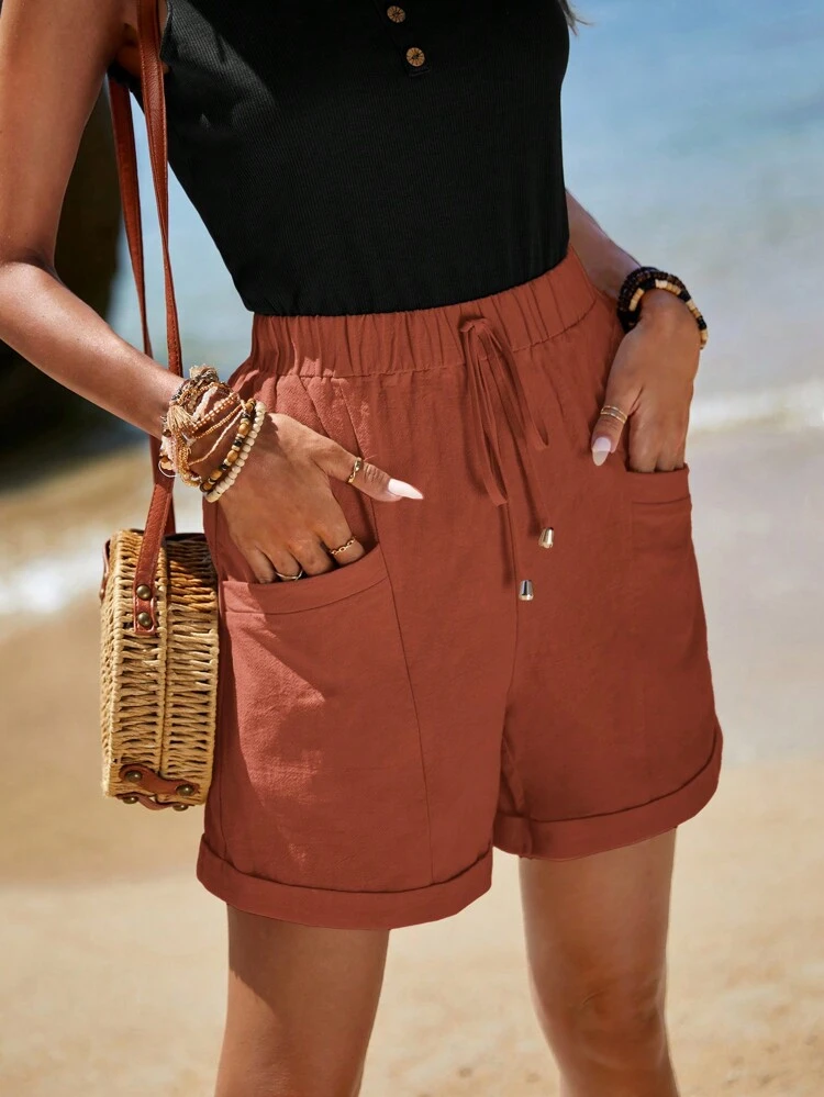 Vacation Style Casual Rolled Hem, Front Knotted, Double Pocket Shorts,Vacation