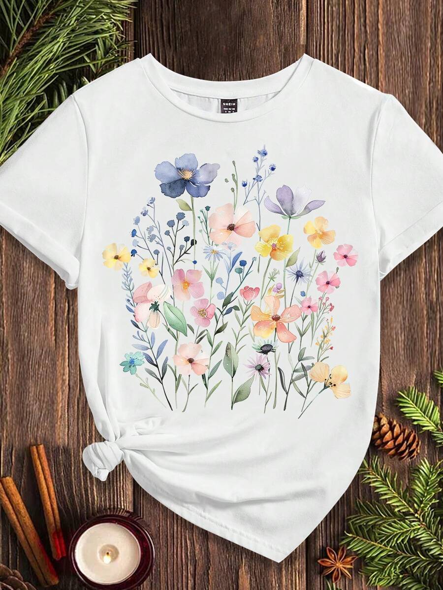 SHEIN Essnce 休閒簡約花紋寬鬆圓領短袖女T恤-適用於夏季 - 白色 - 查看 1