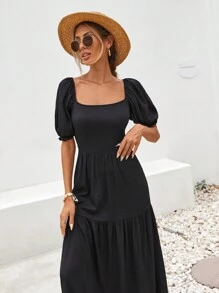 EURMUSE Back Frill Detail Black Long Summer Dress - Black - View 8