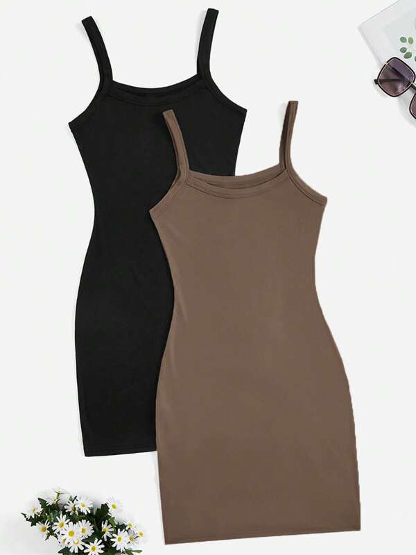 SHEIN Privé Buy One Get One Free! 2pcs Women's Solid Color Casual Tight Strap Open Shoulder Summer Dress, Suitable For Work, Outdoor Activities And Shopping,Summer Dresses
Spring Clothes