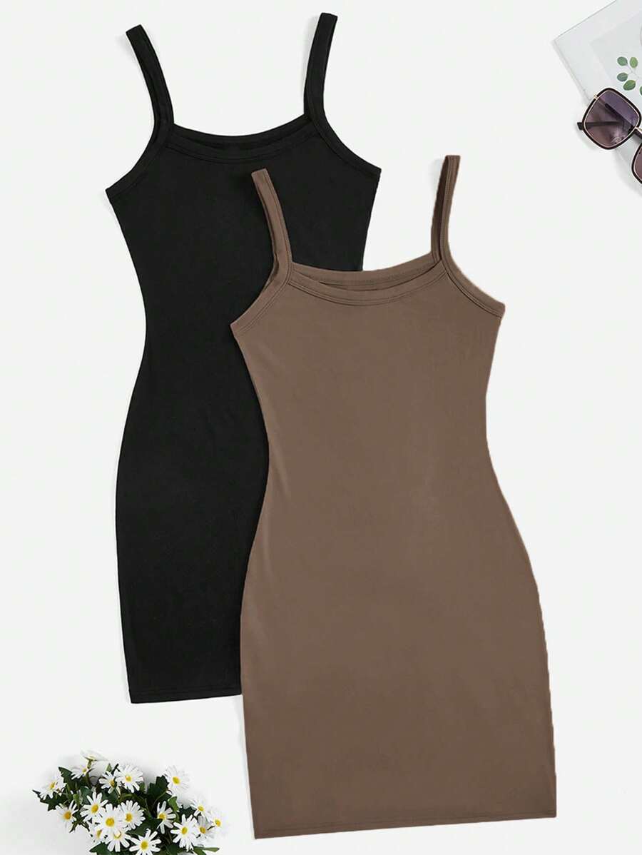 SHEIN Privé 2件組女款純色休閒緊身細肩帶露肩夏季洋裝,黑色,基礎款,適合日常、春季穿著,適用於上班、戶外、購物 - 棕色 - 查看 1