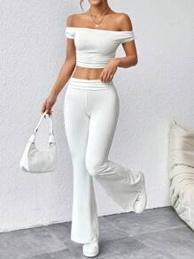 SHEIN PETITE Conjunto de dos piezas para mujer con pliegues y un solo hombro en la camiseta cortada y pantalones acampanados en unicolor - Blanco - Ver 3