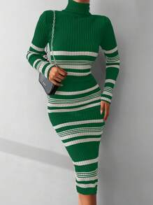 EURMUSE Striped Pattern Turtleneck Bodycon Sweater Dress - Multicolor - View 3