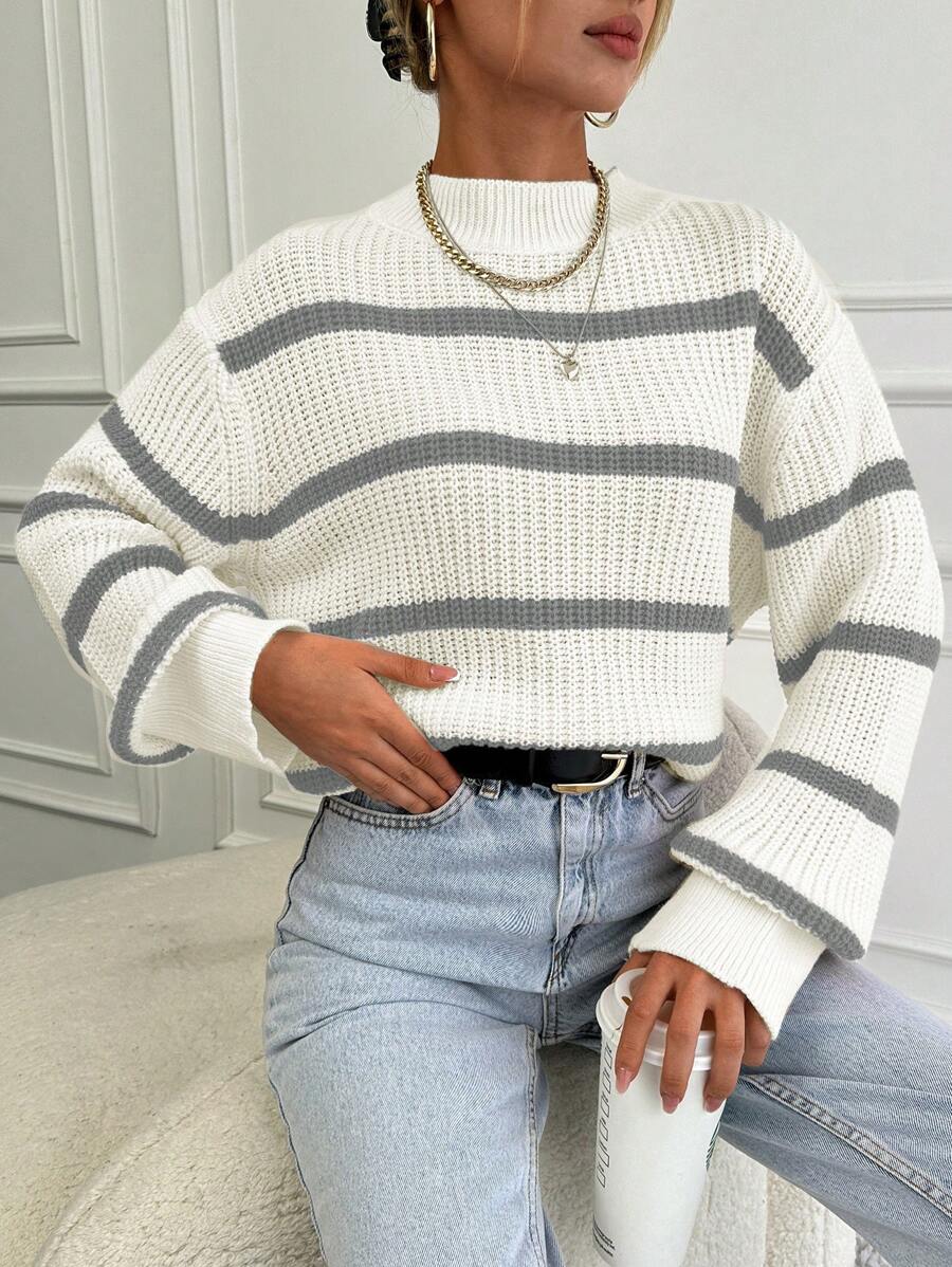 EURMUSE Women's Striped Drop Shoulder Sweater - Grey - View 1