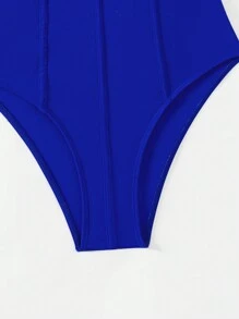 SHEIN Swim 女士纯色单肩长袖沙滩装连体泳衣，非常适合夏季度假 - 藍色 - 查看 4