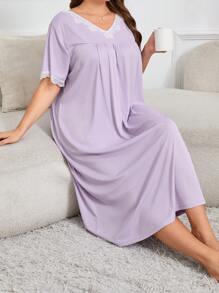 Vestido de pijama de talla grande con cuello en V, suelto, con adorno de encaje, vestido largo - Morado - Ver 7