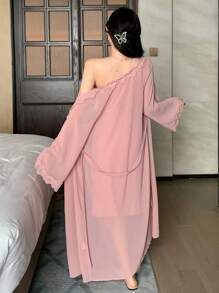 DAZY 2pcs Lace Splice Cami Slip Dress & Belted Robe Pajama Set - Pink - View 2