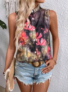 SHEIN LUNE Women's Random Print Sleeveless Button-Up Shirt - Multicolor - View 3