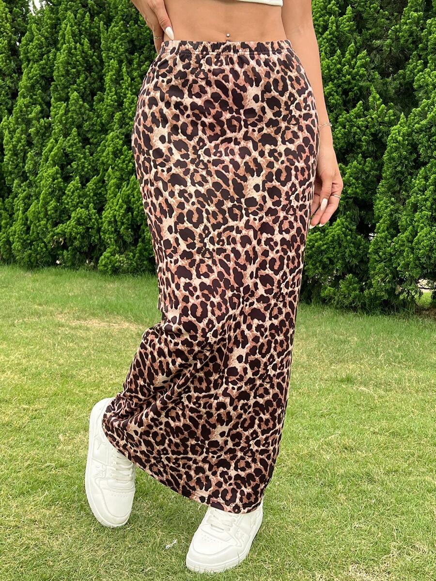 SHEIN EZwear 女士編織豹紋緊身膝上裙 - 彩色 - 查看 1