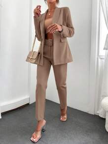 EURMUSE 女士休閒純色翻領夾克和長褲套裝 - 摩卡棕 - 查看 4