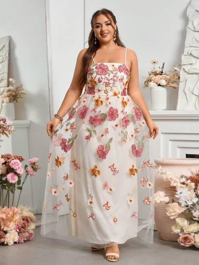 SHEIN Belle 女士大碼優雅凈網刺繡伴娘長晚禮服