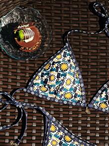 SHEIN Swim 女士夏季海灘花卉印花露背頸掛式性感比基尼套裝，隨機印花