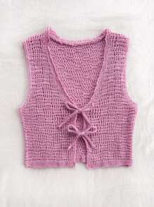 Soleia WYWH Women's Peach-Pink Knitted Vest With Tie, Front-Open Mohair Vest For Vacation