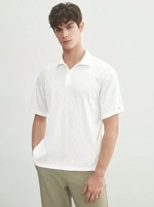 Manfinity RebelGame Men's Knitted Jacquard Solid Color Slim Short Sleeve Polo Shirt, Suitable For Summer Daily Wear - White - View 2