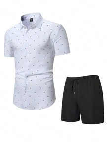 Manfinity Homme Conjunto de 2 piezas para verano formado por camisa de manga corta con botones y estampado numérico asimétrico, y shorts, talla grande - Blanco - Ver 5